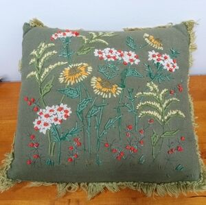 Vintage Hand Embroidered Flower Throw Pillow With Fringe 12x13